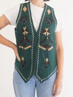 Vintage Solutions Green Geometric Southwest Whipstitch Sweater Vest S
